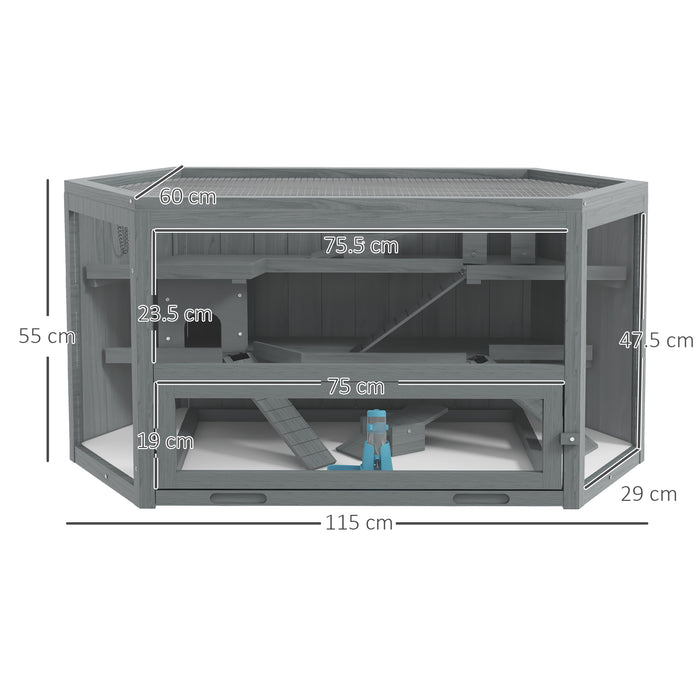 Grey 3 Tier Wooden Hamster Cage with Sliding Tray Seesaws and Water Bottle by PawHut