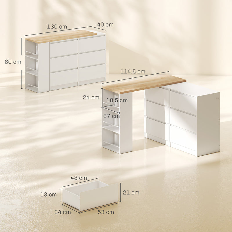 Dressing Table with 6 Drawers and 3 Shelves for Organised Bedrooms White Natural Wood Finish