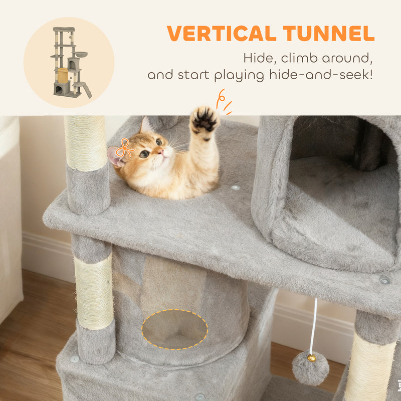 Large 170 cm Cat Tree Tower with Hammock Tunnel Condos and Scratching Posts Light Grey AOSOM