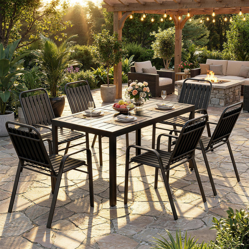 Outdoor Dining Set for 6 with Stackable Chairs and Easy Clean Table With Umbrella Hole, Black