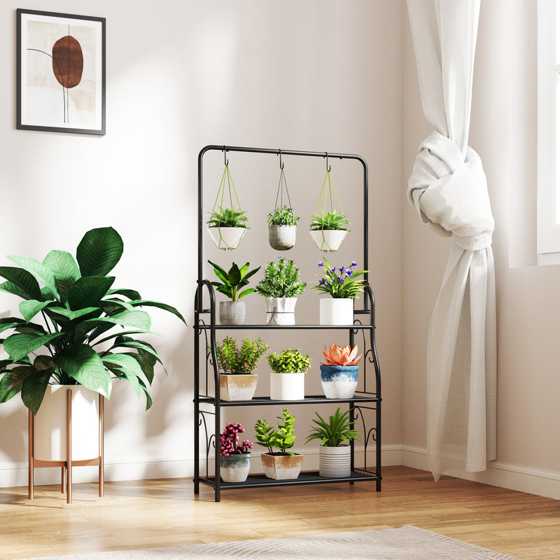 Black 3 Tier Metal Plant Stand with Hanging Rod and Hooks for Indoor and Outdoor Use by Outsunny