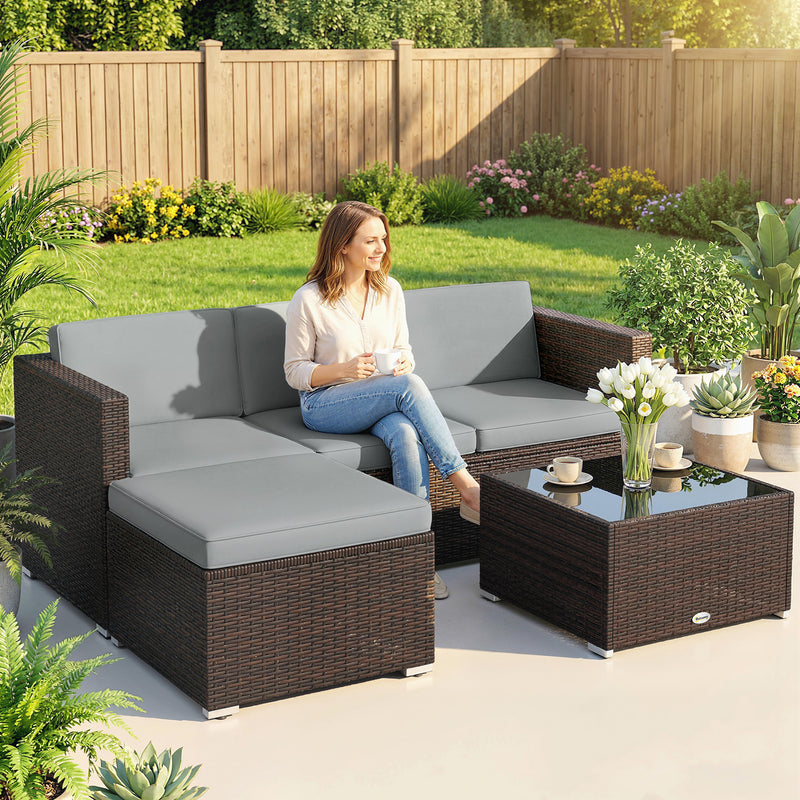 Rattan Garden Furniture Set with 3-Seat Sofa Ottoman and Coffee Table Brown & Light Grey