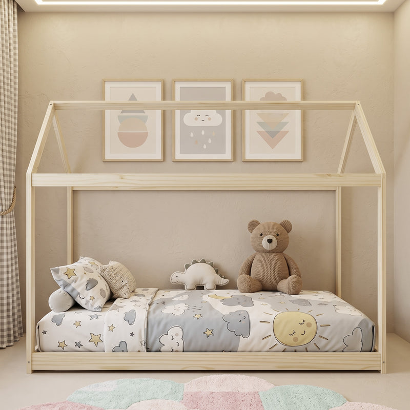 Kids Wooden House Bed Frame for Cosy and Fun Bedtime Single Size Natural Wood Finish