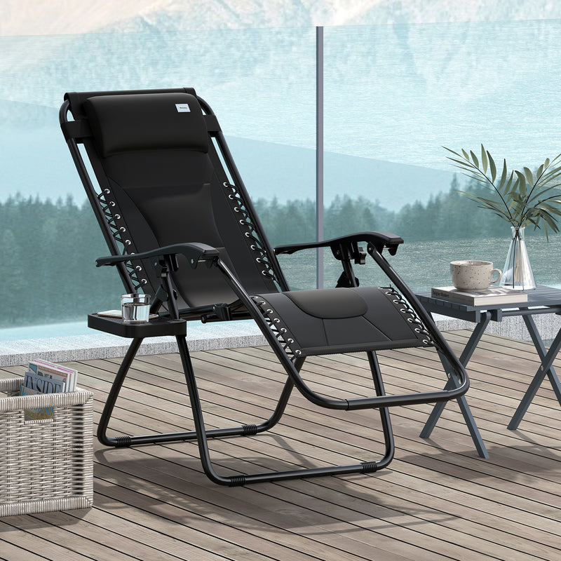 Black Zero Gravity Reclining Outdoor Lounger Chair with Padded Seat and Cup Holder by Outsunny
