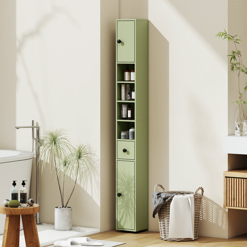 Green Slim Tall Bathroom Storage Cabinet with Drawer Shelves and Cupboards for Small Spaces