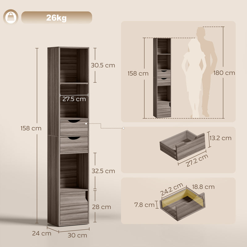 Slim Corner Bookcase with Shelves Drawers and Cabinet for Small Spaces Grey AOSOM
