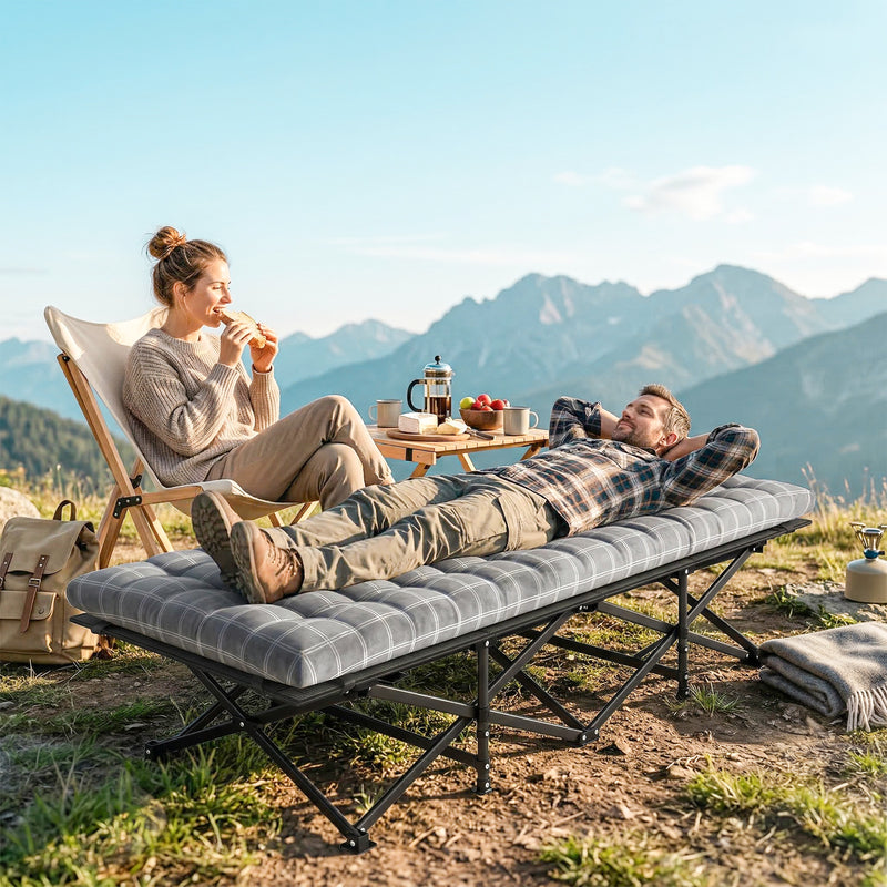 Folding Camping Bed with Extra Wide Surface and Padded Topper for Comfortable Sleep Grey