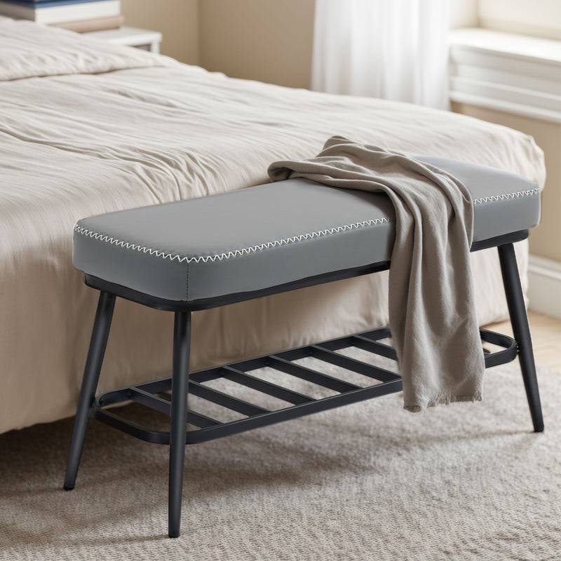 PU Leather Shoe Storage Bench With Padded Seat and Hidden Compartment, Grey