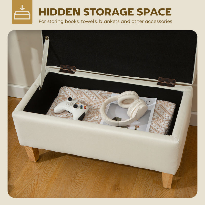 30L Beige Linen Storage Ottoman with Padded Seat and Wooden Legs for Bedroom or Hallway