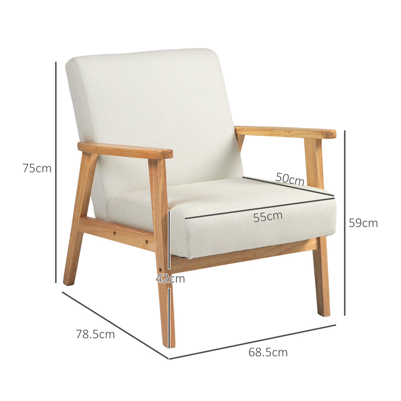 Fabric Armchair with Padded Cushion and Wooden Frame for Living Room Comfort Cream White