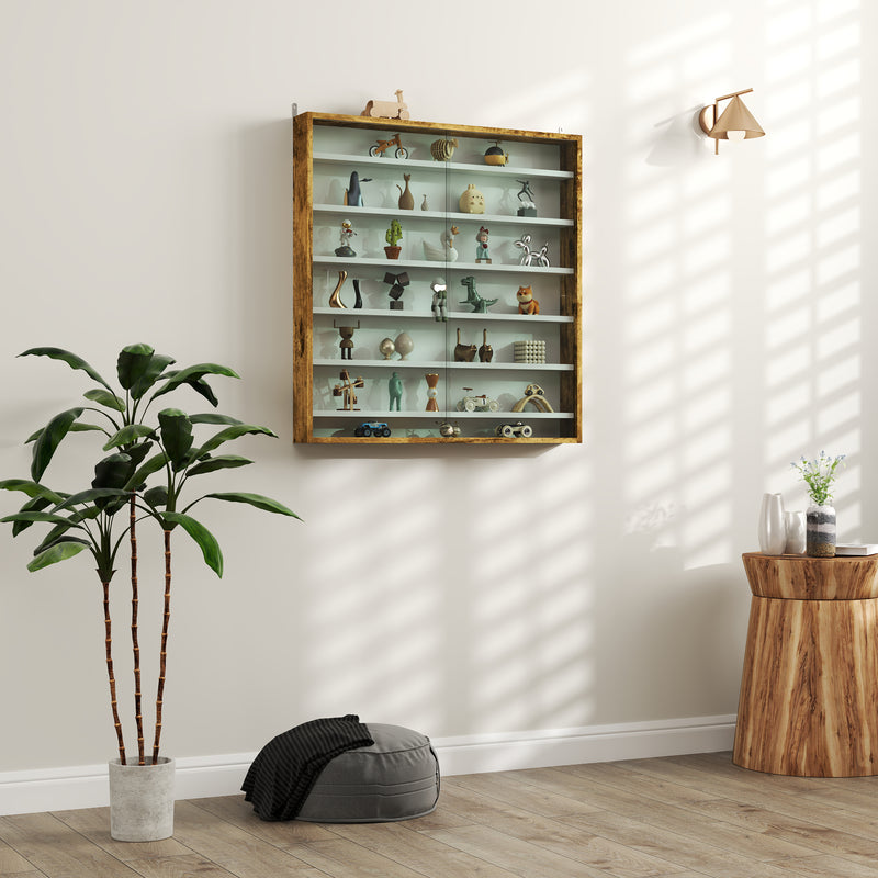 Rustic Brown 7 Tier Wall Display Cabinet With Glass Doors and Adjustable Shelves by HOMCOM