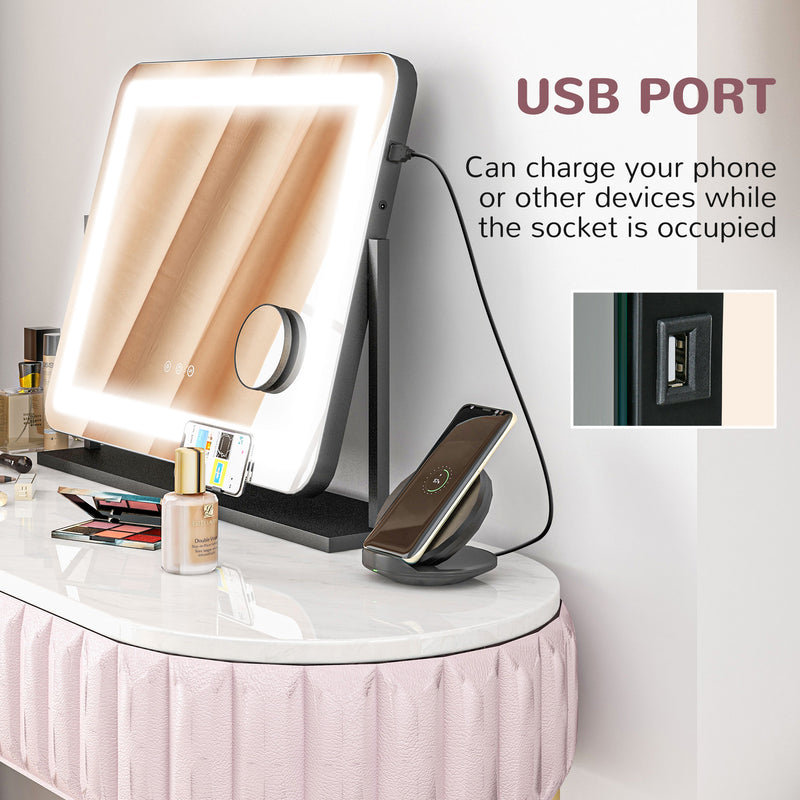LED Light Tabletop Makeup Mirror with Adjustable Brightness Ideal for Dressing Tables, White