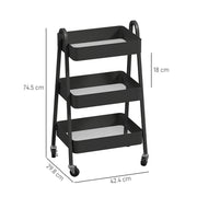 Black 3 Tier Storage Trolley with Wheels for Home and Office by HOMCOM