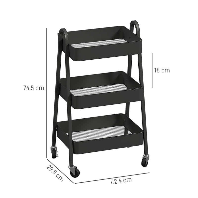 Black 3 Tier Storage Trolley with Wheels for Home and Office by HOMCOM