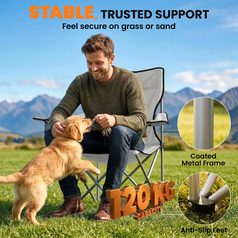 Folding Camping Chairs Set of 2 for Stable Outdoor Seating with Carry Bags Grey