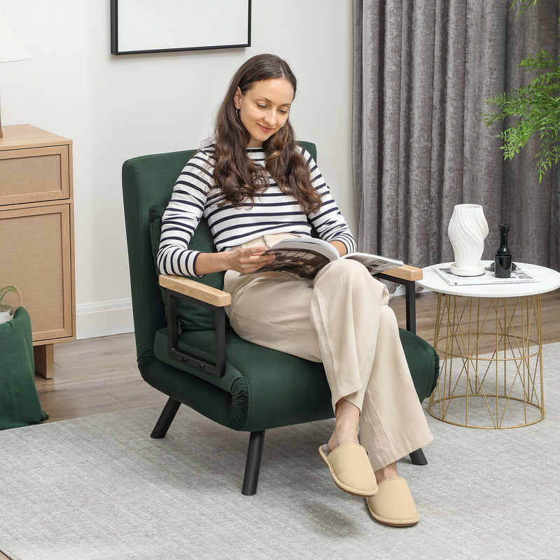 4 in 1 Velvet Feel Single Chair Bed with Pillow Converts to Lounger or Sleeper, Green