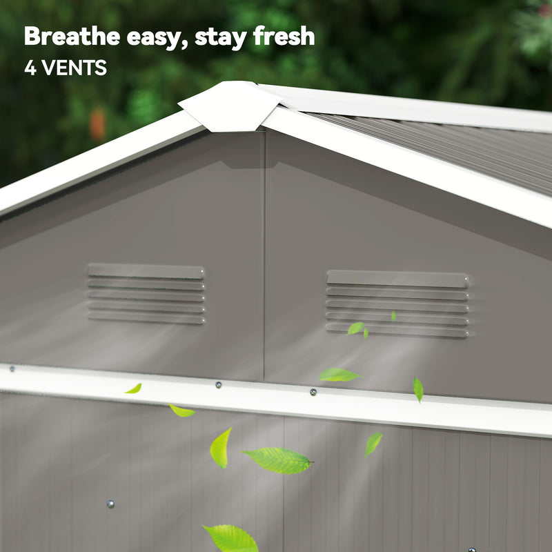 Metal Garden Storage Shed with Double Sliding Doors and Vents for Tools, Grey