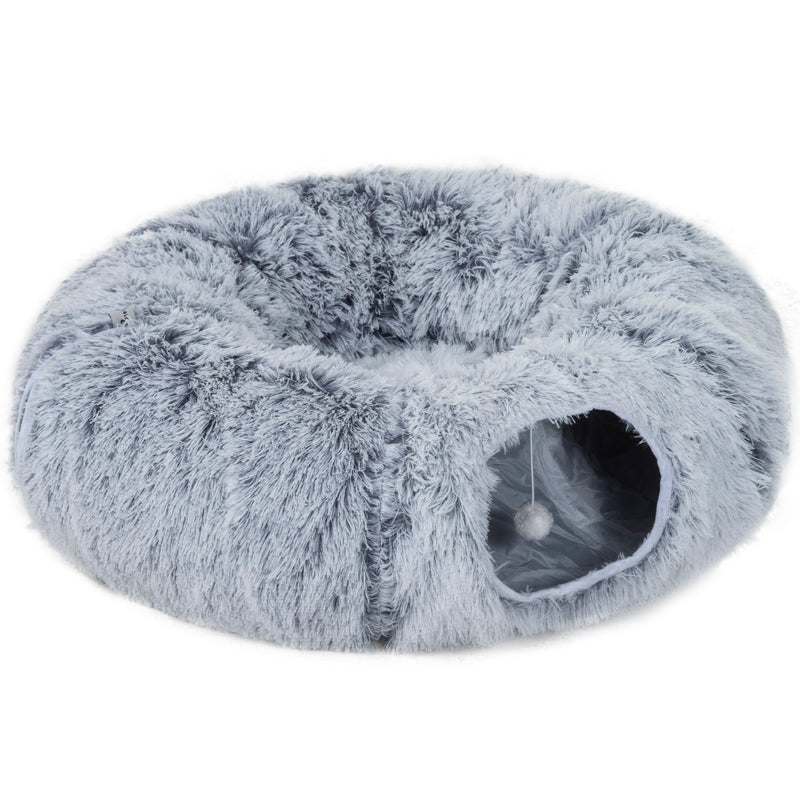 2 in 1 Donut Cat Tunnel Bed with Toy Ball and Door Hole for Indoor Play, Light Grey