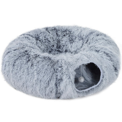 2 in 1 Donut Cat Tunnel Bed with Toy Ball and Door Hole for Indoor Play, Light Grey