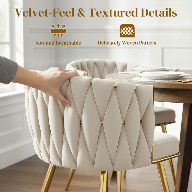 Velvet Dining Chairs With Gold Legs Set of 2  Woven Back and Armrests Ideal for Modern Homes