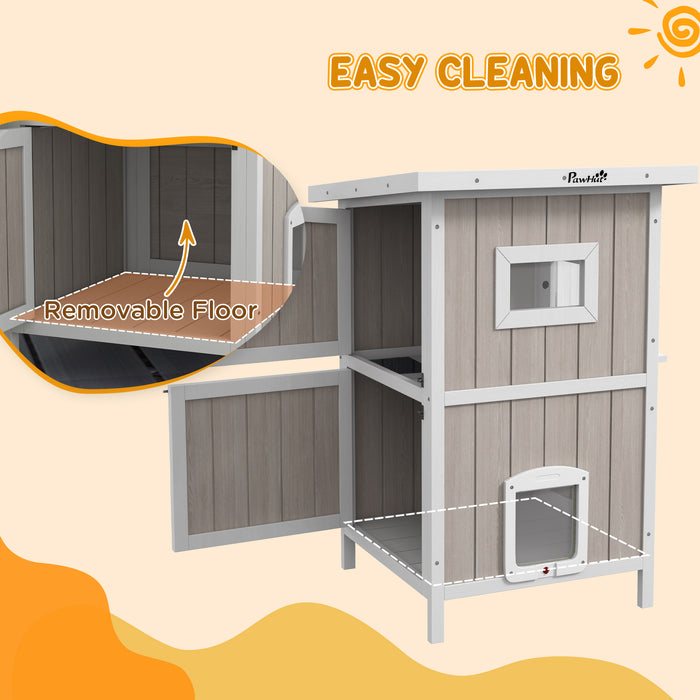 2 Tier Wooden Outdoor Cat Shelter with Removable Base and Escape Doors, Light Grey