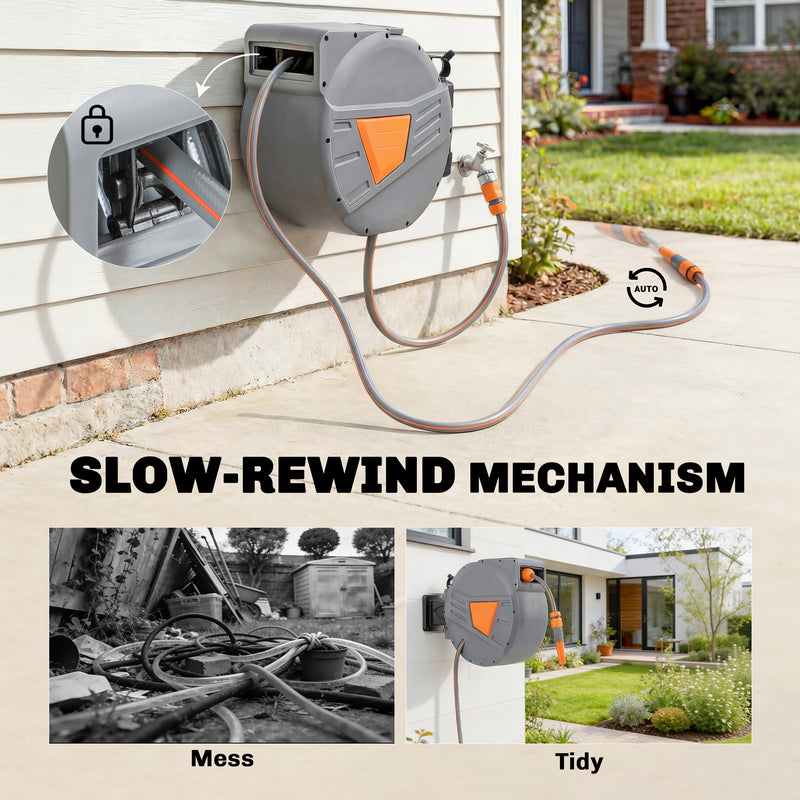 Retractable Garden Hose Reel With 30m Hose for Easy Watering and Cleaning Orange Outsunny