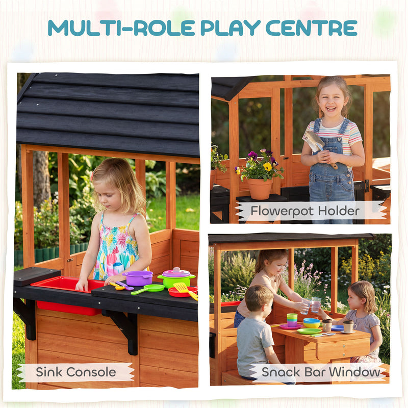 Wooden Outdoor Playhouse With Benches and Snack Bar for Creative Kids Role Play Light Brown Aiyaplay