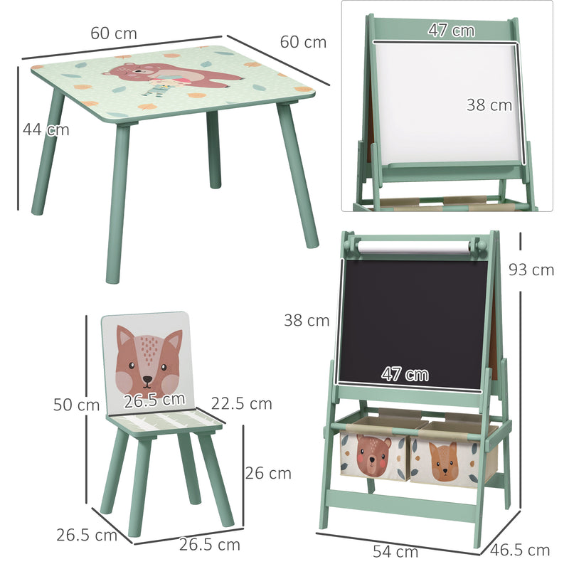Kids Table and Chair Set with Easel and Storage Baskets for Creative Play, Green