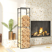 Heavy Duty Metal Firewood Log Rack With Adjustable Shelf For Indoor Outdoor Use Black