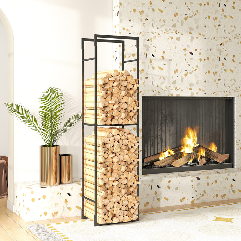 Heavy Duty Metal Firewood Log Rack With Adjustable Shelf For Indoor Outdoor Use Black