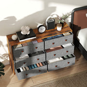 6 Drawer Fabric Chest of Drawers with Wooden Top for Bedroom Storage Grey and Rustic Brown