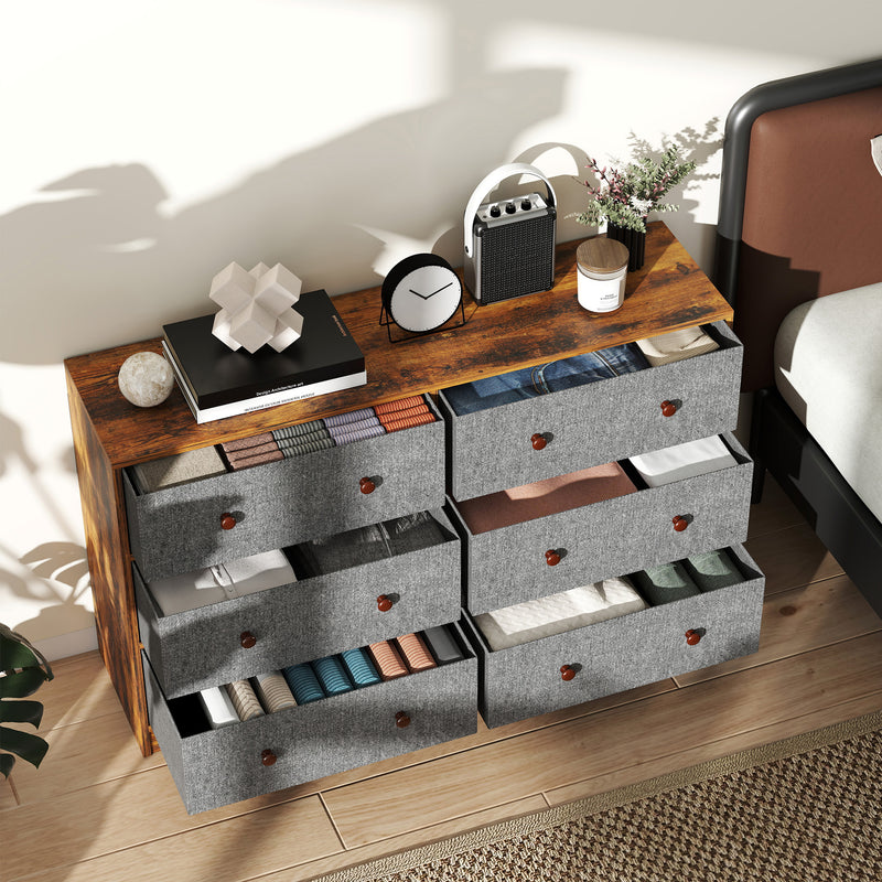 6 Drawer Fabric Chest of Drawers with Wooden Top for Bedroom Storage Grey and Rustic Brown