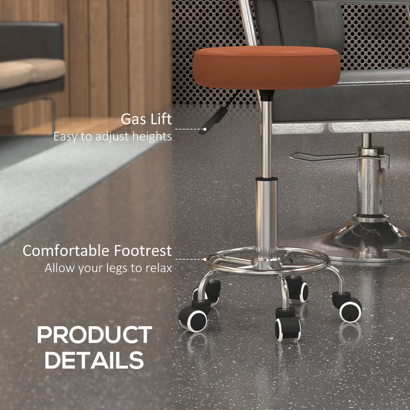 Height Adjustable PU Leather Rolling Stool With Wheels For Salon Or Spa Use Brown