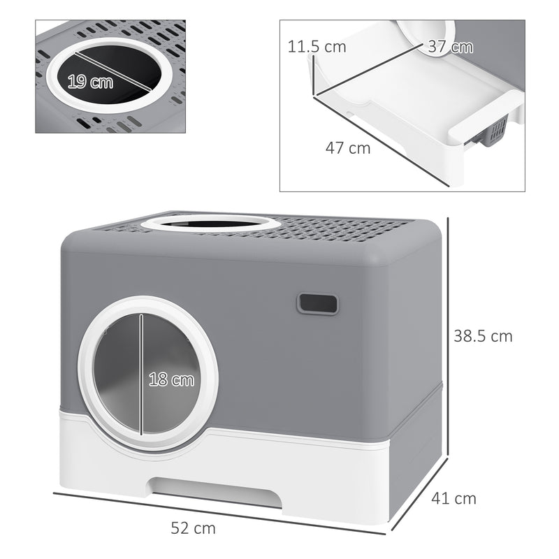 Enclosed Cat Litter Box With Pull Out Tray Scoop And Top Entry For Easy Cleaning, Grey