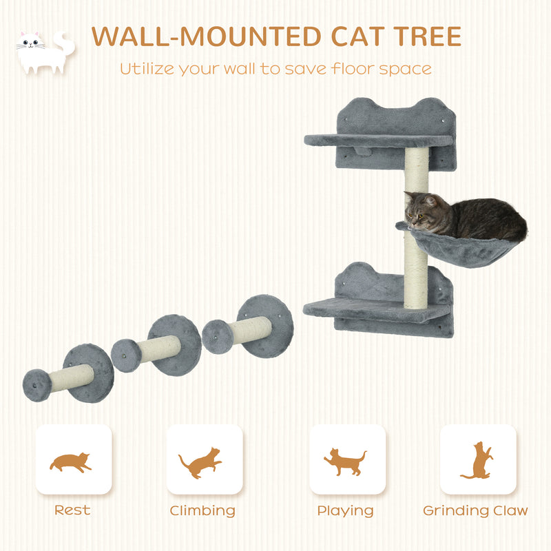 Wall Mounted Cat Tree with Scratching Post and Shelves for Indoor Cats, Grey