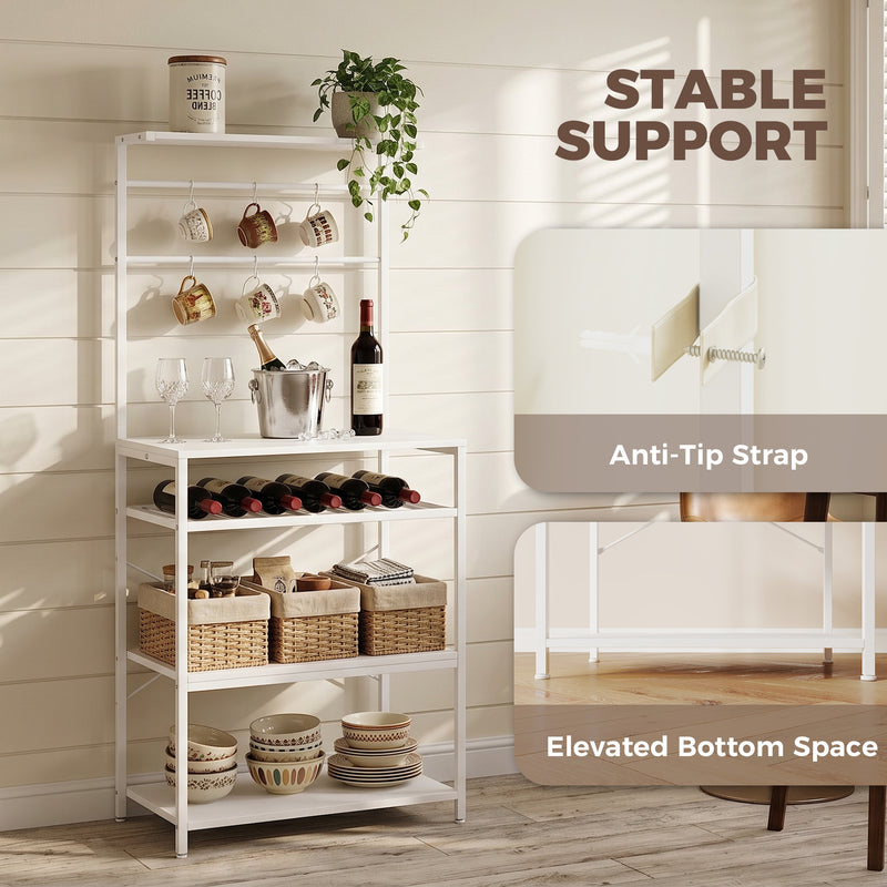 Kitchen Storage Shelf with Wine Rack and Hooks for Small Spaces White