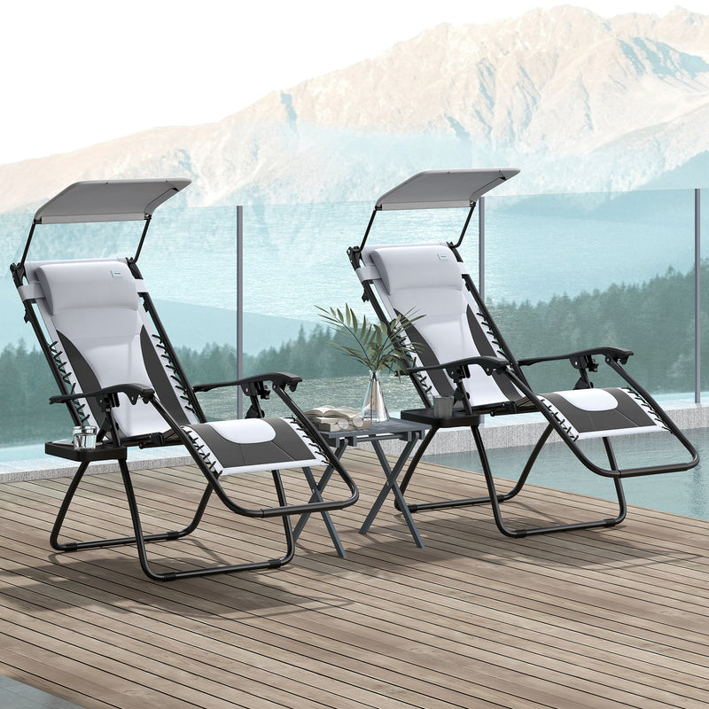 Set of 2 Light Grey Zero Gravity Outdoor Recliner Chairs with Canopy and Cushion by Outsunny