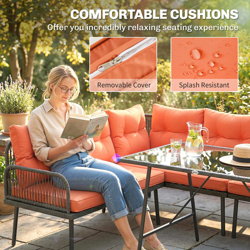 Modular Garden Sofa Set with Table and Stools for Flexible Outdoor Seating, Charcoal Grey With Orange Cushions Outsunny