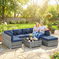 Rattan Garden Corner Sofa Set with Flexible Seating and Table for Outdoor Relaxtion, Grey & Blue Outsunny