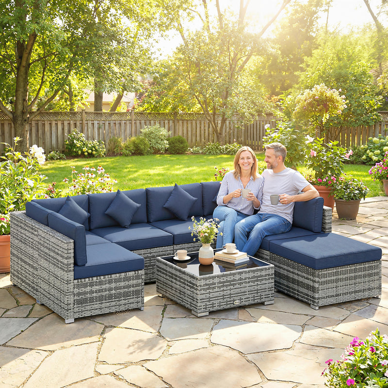 Rattan Garden Corner Sofa Set with Flexible Seating and Table for Outdoor Relaxtion, Grey & Blue