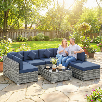 Rattan Garden Corner Sofa Set with Flexible Seating and Table for Outdoor Relaxtion, Grey & Blue Outsunny