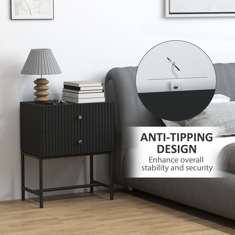 Black 2 Drawer Bedside Table with Gold Handles Elegant Design by HOMCOM