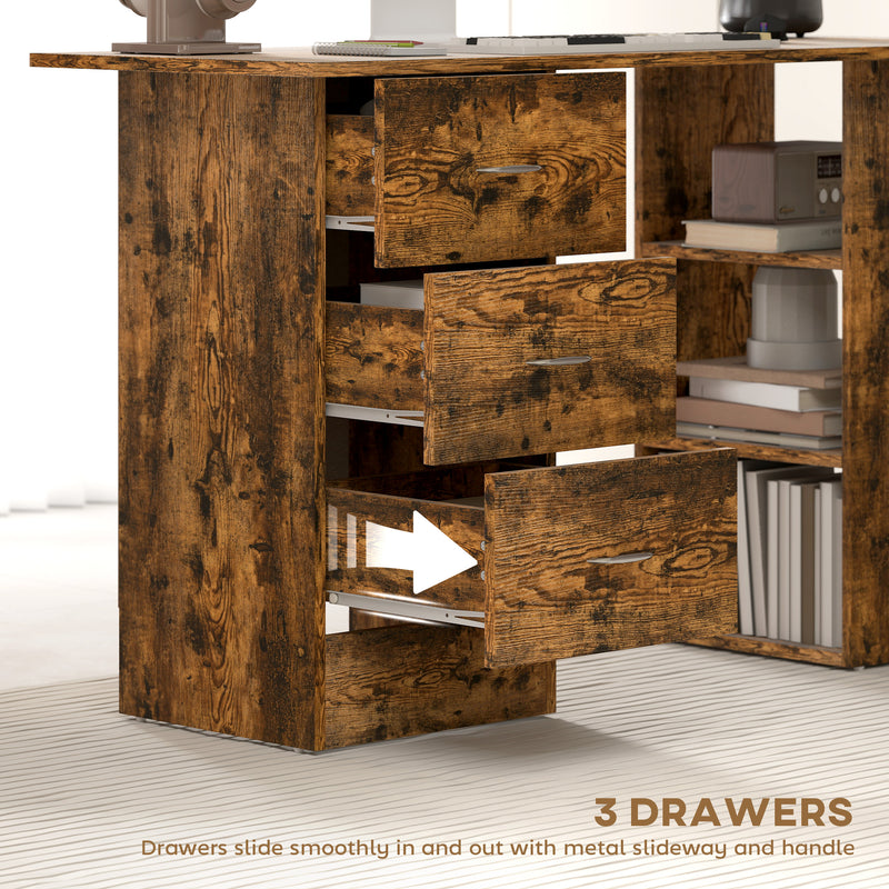 Computer Desk with Drawers and 3 Storage Shelves for Home Office Workstation, Rustic Brown