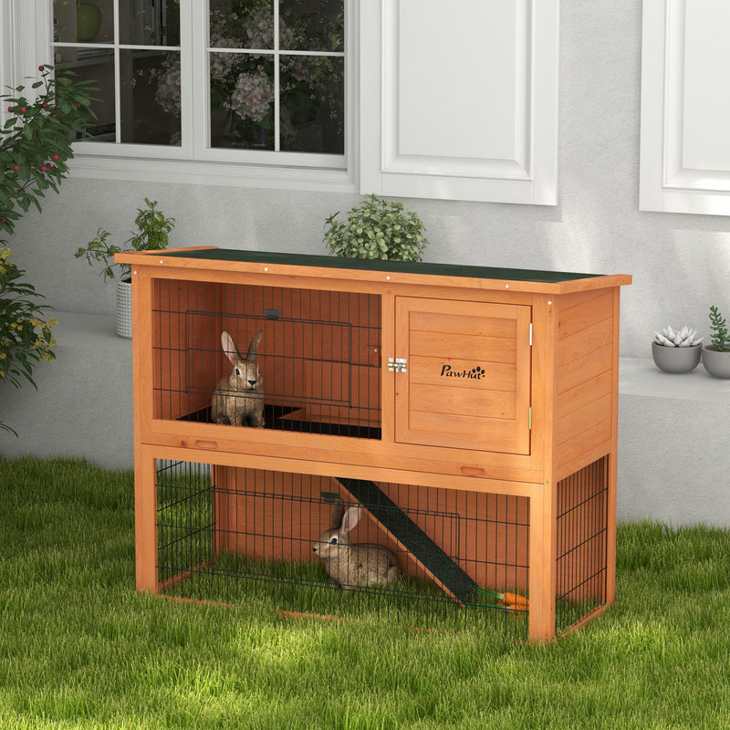 Two Tier Wooden Rabbit Hutch with Run for Guinea Pigs or Small Pets 92cm Orange