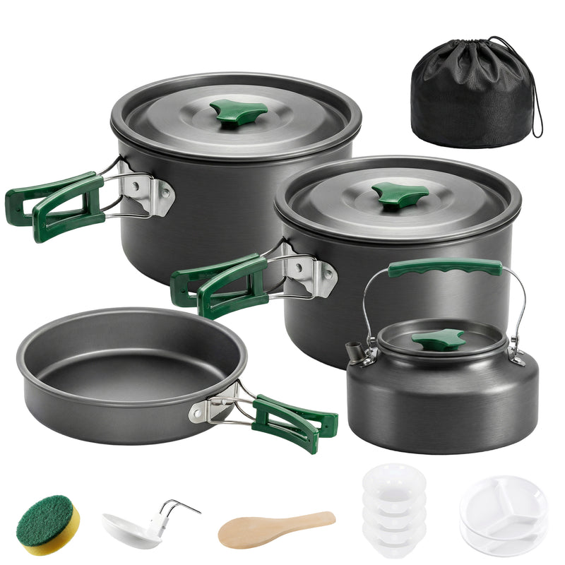 Camping Cookware Set for 4–5 People with Compact Nesting Design for Easy Group Cooking Grey Green