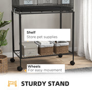 Two Tier Bird Cage with Wheeled Stand for Small Birds Ideal for Indoor Use, Grey