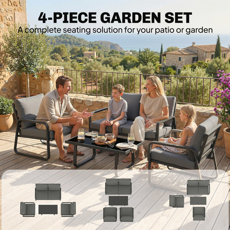 Garden Sofa Set for Four with Cushions and Coffee Table for All Weather Use Black Light Grey Outsunny