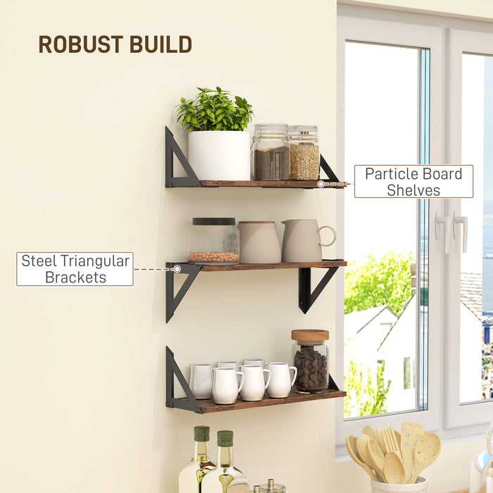 Set of 3 Rustic Brown Floating Wall Shelves for Living Room Bedroom Entryway by HOMCOM