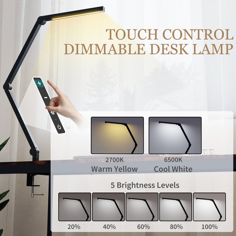 LED Desk Lamp with Clamp and Swing Arm for Office or Study Adjustable Brightness Black AOSOM