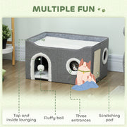 Foldable Indoor Cat House with Scratch Pad and Hanging Toy for Small Pets Grey